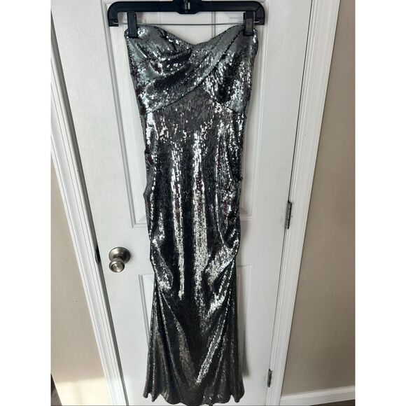 Nicole miller sparkly silver maxi strapless long dress size 8 mermaid style with - Picture 9 of 9